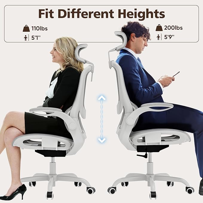 GABRYLLY Ergonomic Mesh Office Chair- White Desk Chair, Flip-Up Armrest, Adjustable Headrest, Tilting with Soft Seat and PU Wheel, Elite Home Desk Chair for Work, Study, Gaming (GY1108)