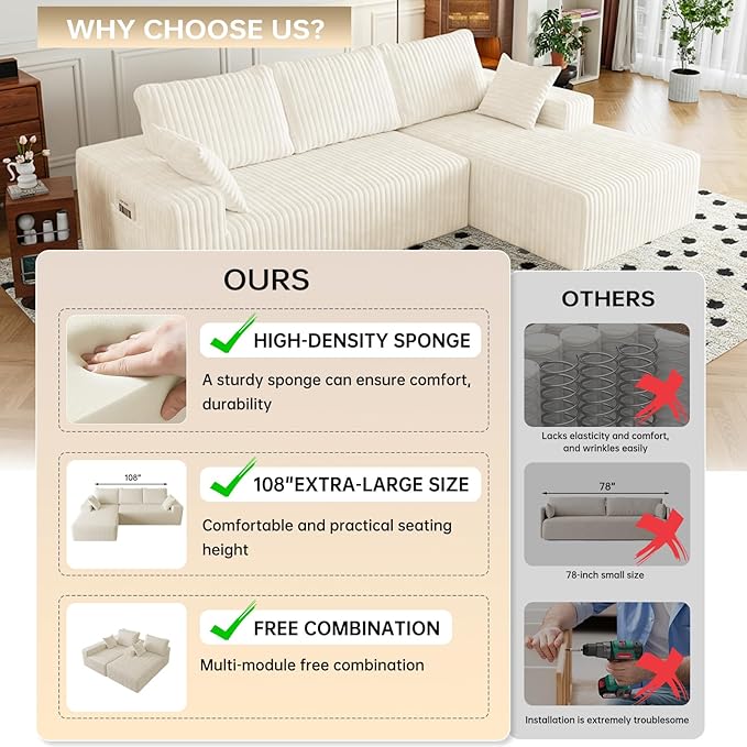 108" Sectional Couches for Living Room, Modular Sectional Sofa with L-Shape Chaise, Boneless Couch, Comfy Corduroy Fluffy Couch with Deep Seat and Side Pockets, No Assembly Required
