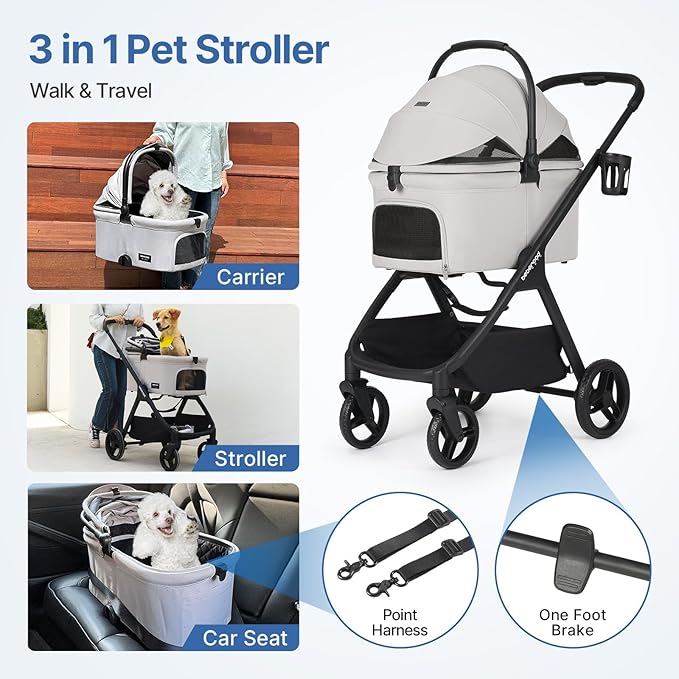 X-5 Luxury Pet Stroller for Medium Dog Under 55lbs or 2 Small Dogs & Cats, One-Touch Folding, Adjustable Handle and Detachable Carrier (Grey)