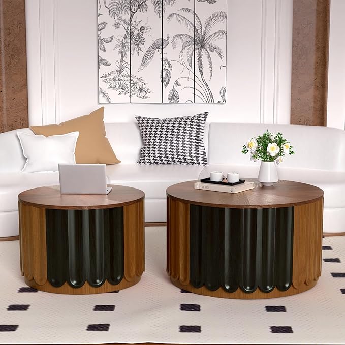 Modern Round Storage Side Tables Set, Dark Walnut and Black Finish, Fluted Wood Design, Hidden Storage, Nesting Coffee Tables for Living Room