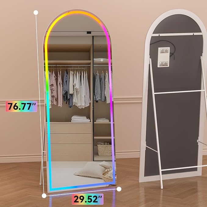 Hasipu 76.7" x 29.5" Arch LED RGB Bluetooth Full Length Mirror with Stand & 7 Color Lighting Modes, Full Body Mirror with White Frame for Bedroom, Living Room, Dressing Room