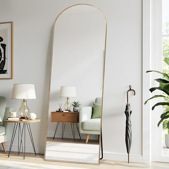 Arched 26x71 Inch Full Length Mirrors Aluminium Frame in Classic Natural Wood Looking Free Standing Floor Mirror Full Body Wall Mounted for Bedroom Living Room and Hallway