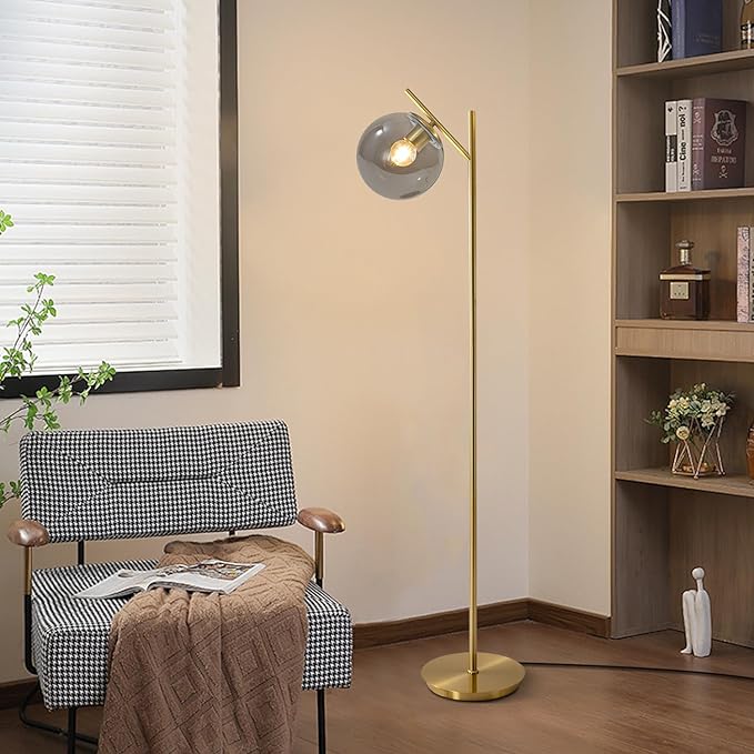 Farmhouse Floor Lamp Retro Smoky Gray Glass Standing Tall Lamps Vintage Brass Freestanding Floor Lamps Adjustable Globe Floor Lamp for Office Bedroom