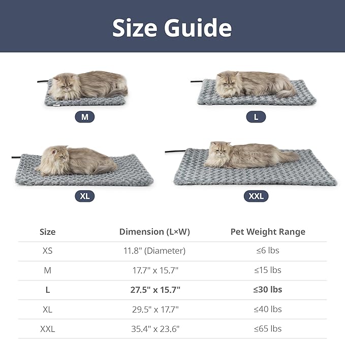 Adjustable Temperature Heated Cat Bed & Dog Heating Pad with Timer, Chew-Resistant Cord, Thick and Soft Cover, Indoor Pet Heating Pad, 27.5" x 15.7"