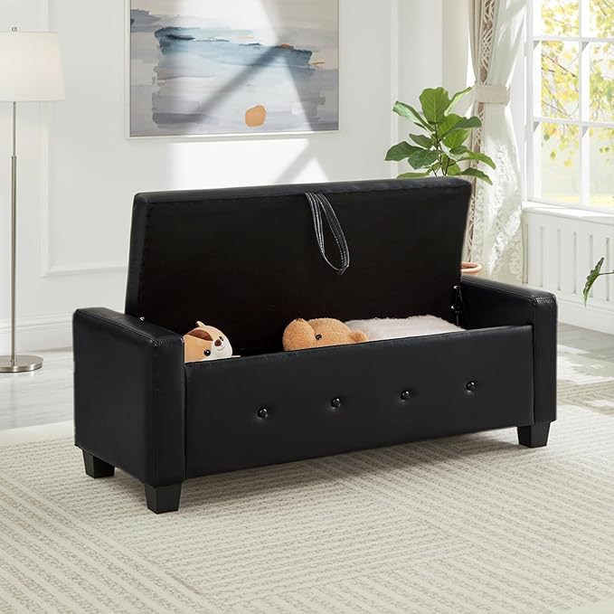 48" Faux Leather Ottoman with Storage, Tufted Storage Ottoman Bench with Safety Hinge, Rectangular Extra Long Bench for Bedroom, Living Room, Entryway and Window, Black