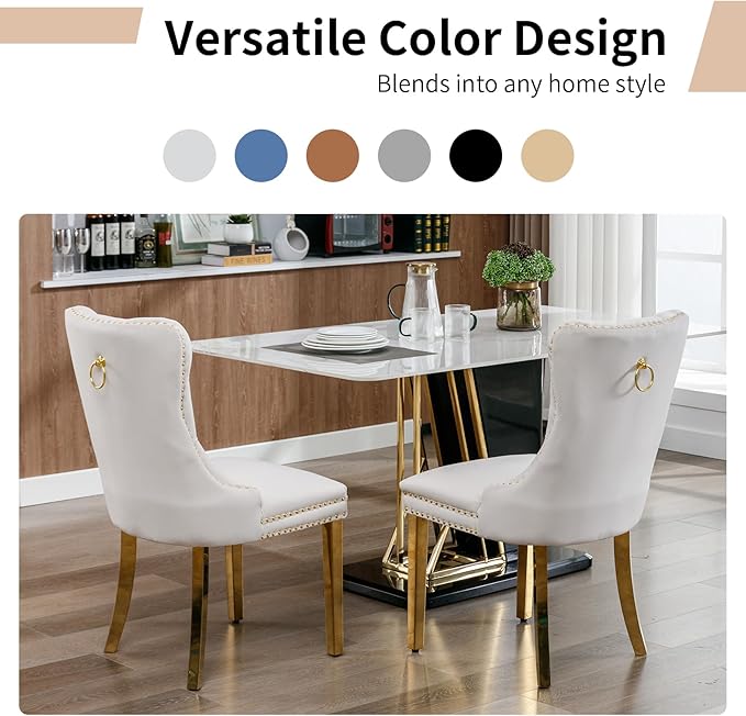 Luxury Upholstered Dining Chairs Set of 4, Beige Kitchen Chair with Golden Metal Legs, Velvet Tufted Back Dining Chair, Sillas de Comedor, Modern Kitchen & Dining Room Chairs (Beige, 4 Pcs)