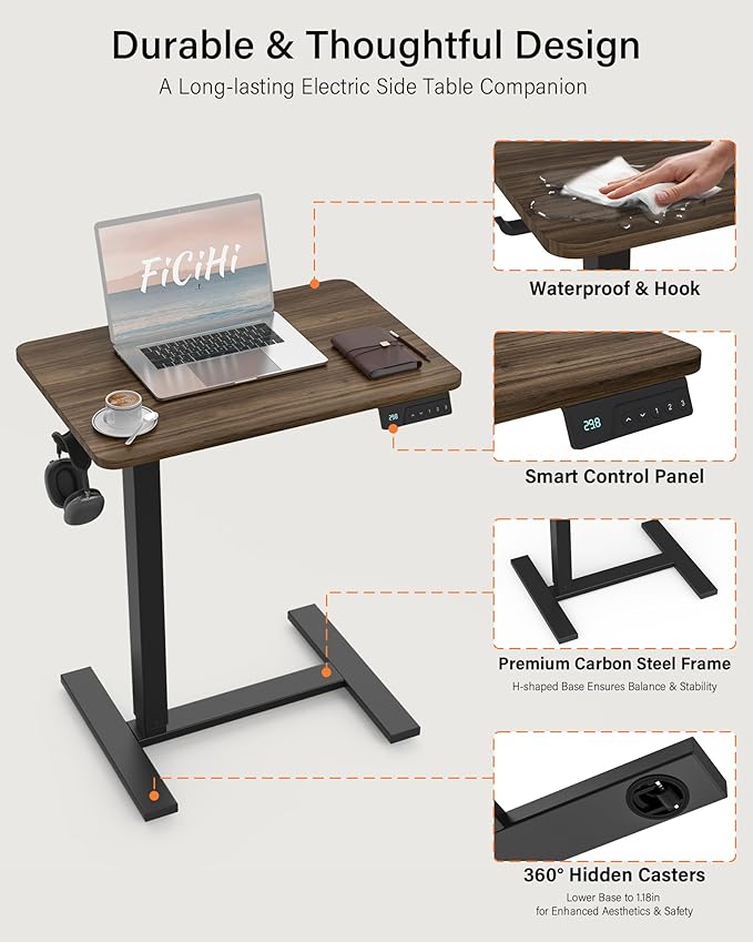 FiCiHi Electric Standing Desk with Wheels - Height Adjustable, Mobile, Small Movable Laptop Desk, Portable Rolling Computer Workstation Sit Stand Table for Home Office, Sofa & Bedside(24x16, Walnut)