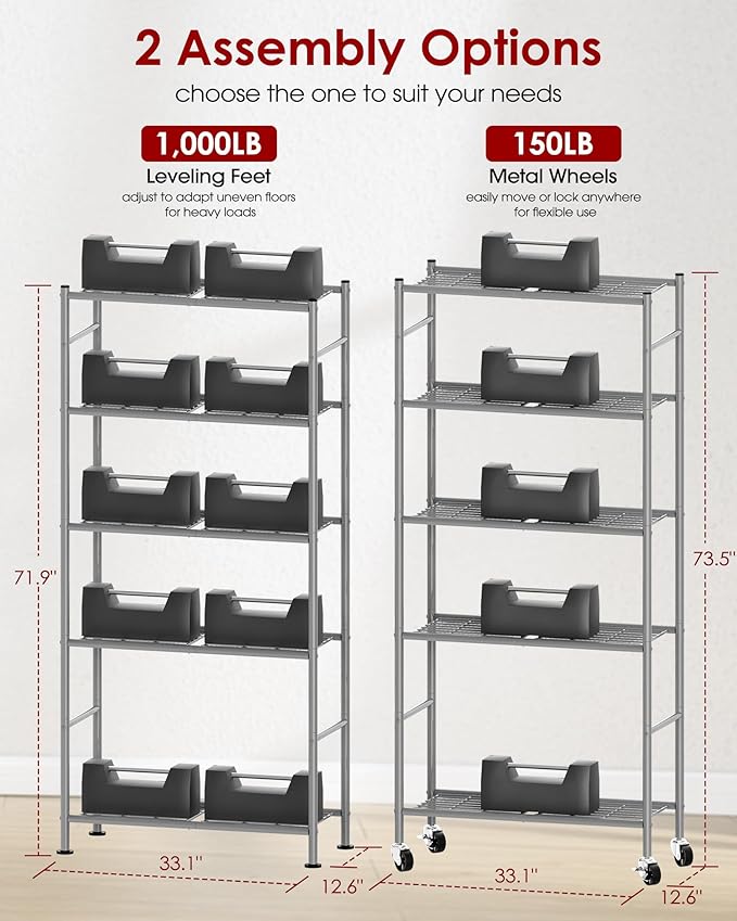 Storage Shelves Organizer - 5 Tier Metal Shelf Organizer with Metal Wheels and Adjustable Leveling Feet, Heavy Duty Garage Shelving for Kitchen, Pantry and Closet, 33.1"x12.6"x73.5", Sliver