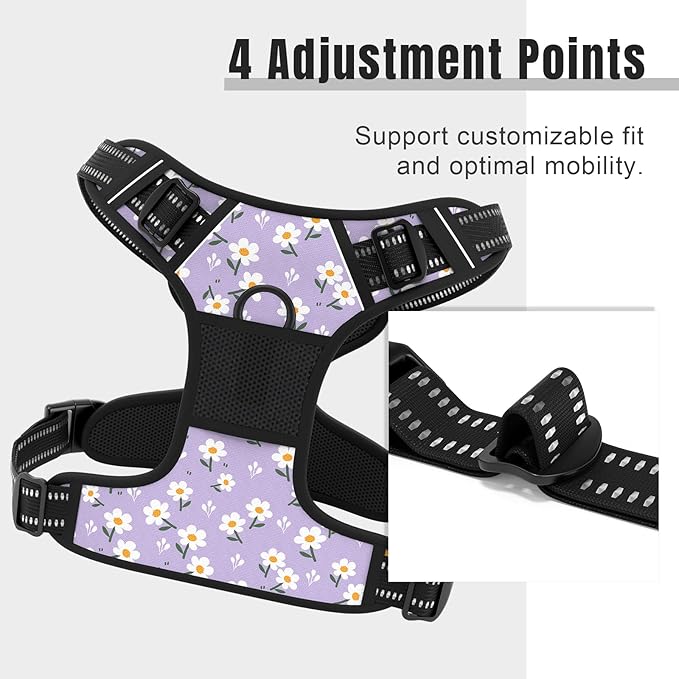Rnivvi No Pull Dog Harness, Cute Flower Reflective Large Sized Puppy Harness, Adjustable Soft Padded Vest for Large Dogs, Heavy Duty Pet Vest with Easy Control Handle for Walking, Purple White