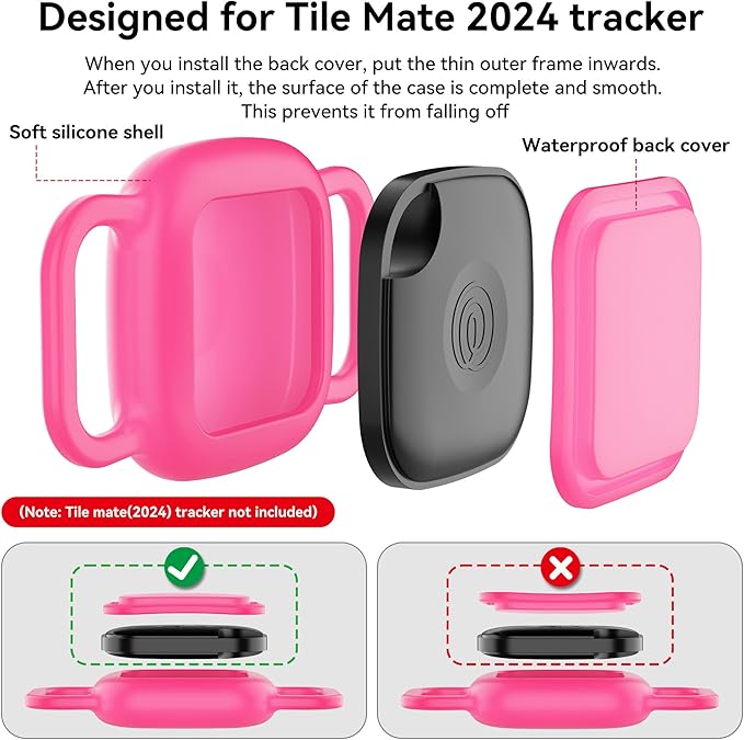 2-Pack Dog Collar Holder for Tile Life360 Mate (2024) 2022 Tracker, Waterproof Silicone Cover Full-Body Protective Case for Tile Mate Tracker Cat Collar, Ultra Durable, Scratch Resistant, Pink Punch