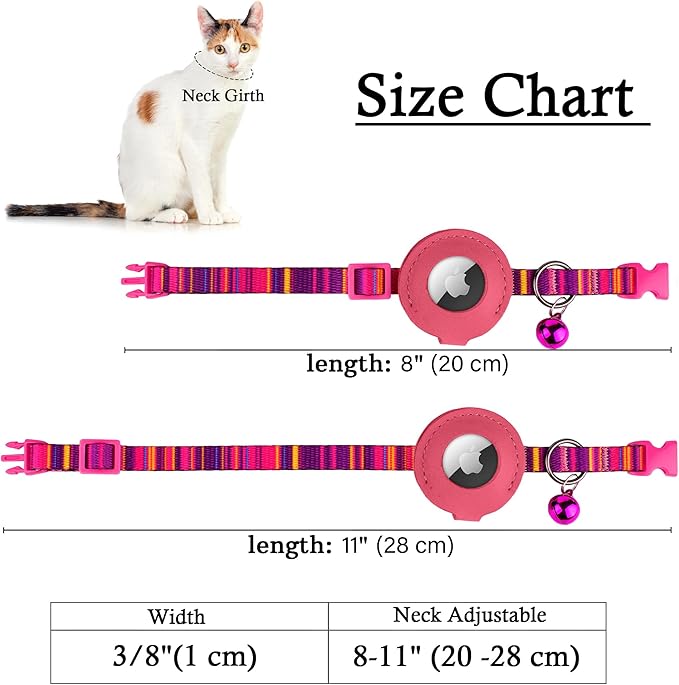 Airtag Cat Collar with Bell - Non Breakaway Soft Pet Collar with Leather Air Tag Holder - Adjustable GPS Anti-Lost Collars for Girl Boy Cats Kitten Puppies, Lightweight and Patterned (Serape Pink)