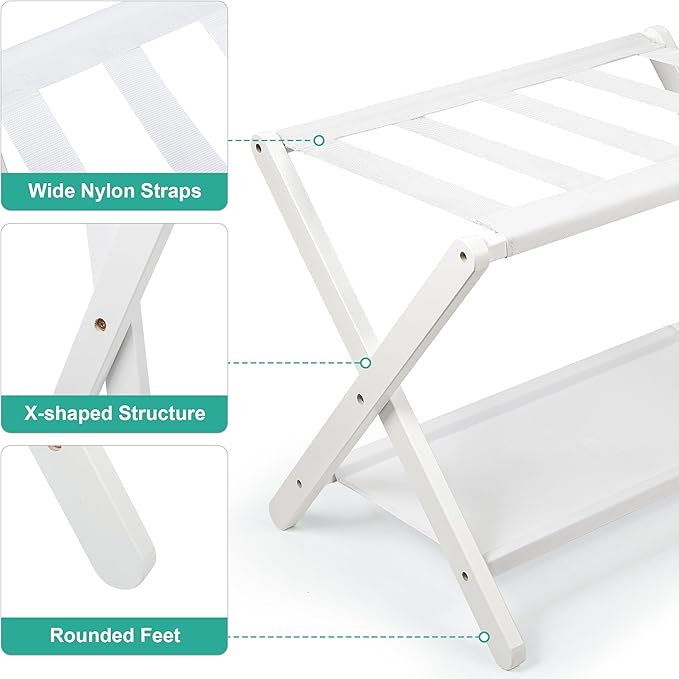 VASMIA Luggage Rack, Folding Suitcase Stand with Storage Shelf Set of 2, Bamboo Luggage Stand for Guest Room,Bedroon and Hotel,Holds up to 131 lb,Fit Most Luggage Size,White