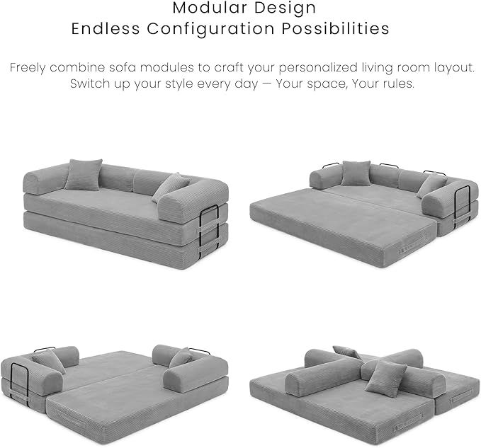 Compression Sofa - 79'' Convertible Sofa Bed, Boneless Couch in a Box, Modular Corduroy Foldable Sleeper Sofa with 2 Pillows, Loveseat Couches for Living Room (Corduroy Fabric, Light Grey)
