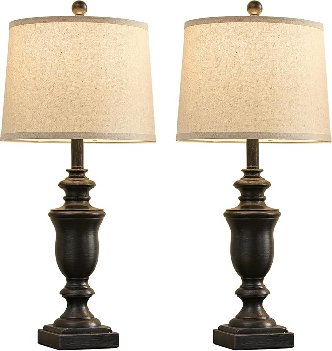 27.5" Vintage Farmhouse Table Lamps Set of 2 Bedside Lamp, 3 Way Dimmable Bedroom Lamps with 2 USB Ports +AC Outlet Nightstand Lamp Rustic Lamp (Rotary-Antique Black)