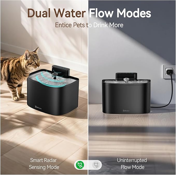 Cat Water Fountain, 122oz/3.6L Pumpless Cat Fountain, Cordless Water Fountains for Cats Indoor, Dog Pet Water Fountain Battery Operated with Stainless Steel Tray (Black, Fountain+8 Fliters)