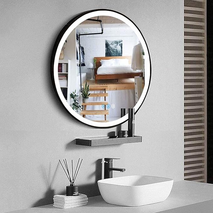 24 Inch Black Round Lighted Vanity Mirror with Lights Black Frame Round LED Mirror for Bathroom Wall Antifog 3Color Adjustable Brightness Frontlit 24" Black Framed Circle LED Light up Mirrors