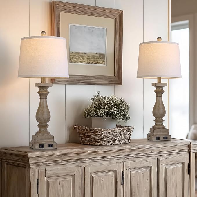 28" Tall Farmhouse Table Lamp with USB C+A Ports and AC Outlet, 3 Way Touch Control Rustic Bedside Lamp for Bedroom, Brown Vintage Nightstand Lamp for Living Room Office