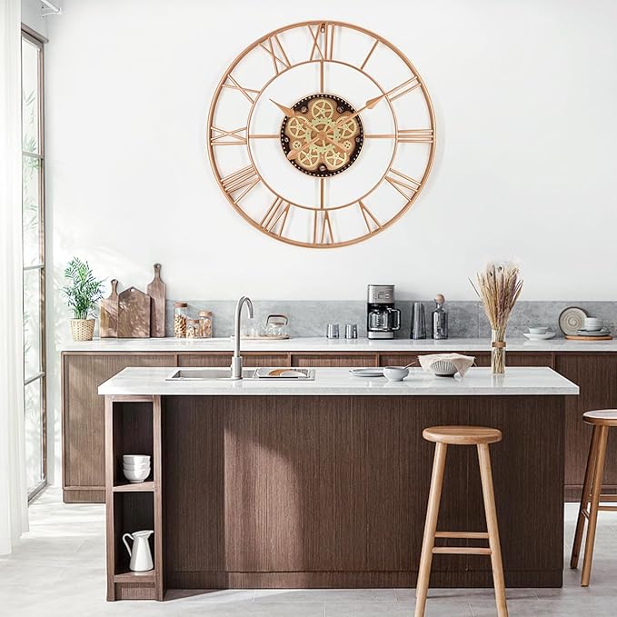 29 Inch Large Wall Clocks for Living Room Decor with Moving Gears,Large Wall Clock Industrial Steampunk,Oversized Metal Analog Wall Clocks for Farmhouse Home Battery Operated