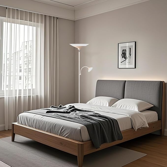 Torchiere Floor Lamp with Wood Grain Shade, 72" Dimmable LED Standing Lamp with Remote, 2-in-1 Floor Reading Lamp with Color Changing, 34W White Corner Lamp for Living Room Bedroom Office