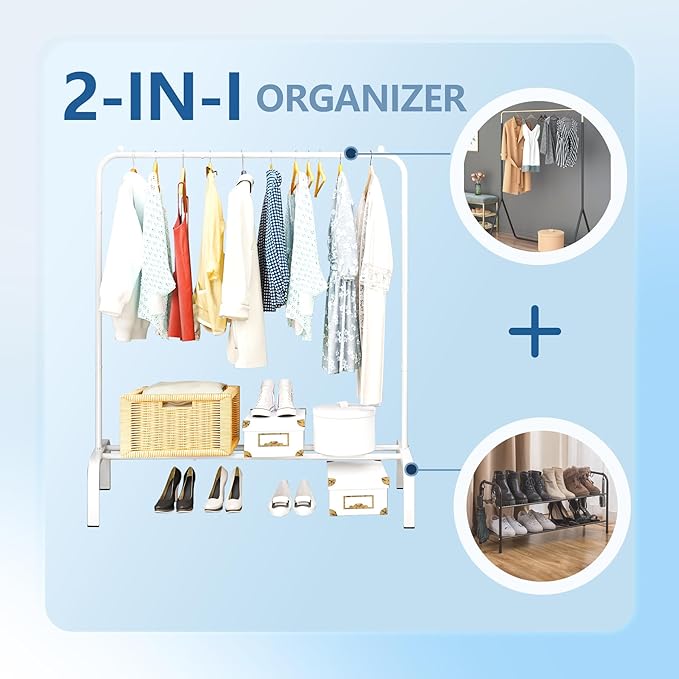 JIUYOTREE Metal Clothing Rack, 43.3 Inches Clothes Garment Coat Rack with Bottom Shelf for Hanging Skirts, Shirts, Sweaters, White
