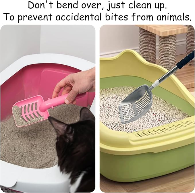 PINVNBY Cat Litter Scooper, Long Handle Litter Sifter Scoop with Litter Scoop Holder Stainless Steel Kitten Scooper Deep Kitty Litter Scooper with Box Metal Detachable Sifting Litter Shovel Set