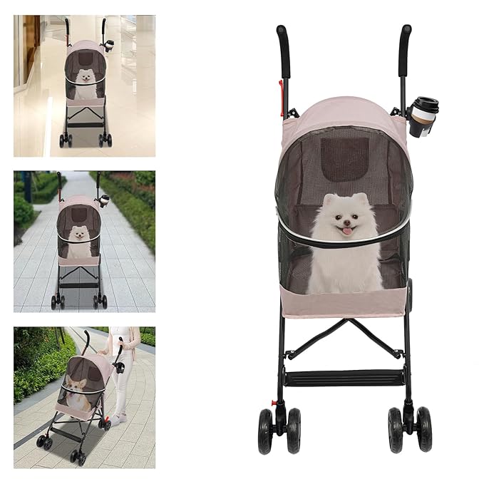 Pet Travel Stroller 22 * 18 * 38in, Pet Stroller Made of Oxford Cloth, Spray Molding Foldable,Small Dog Cat Cage Jogger Travel Carrier Breathable and Visible 22 Lbs Capacity(Pink)