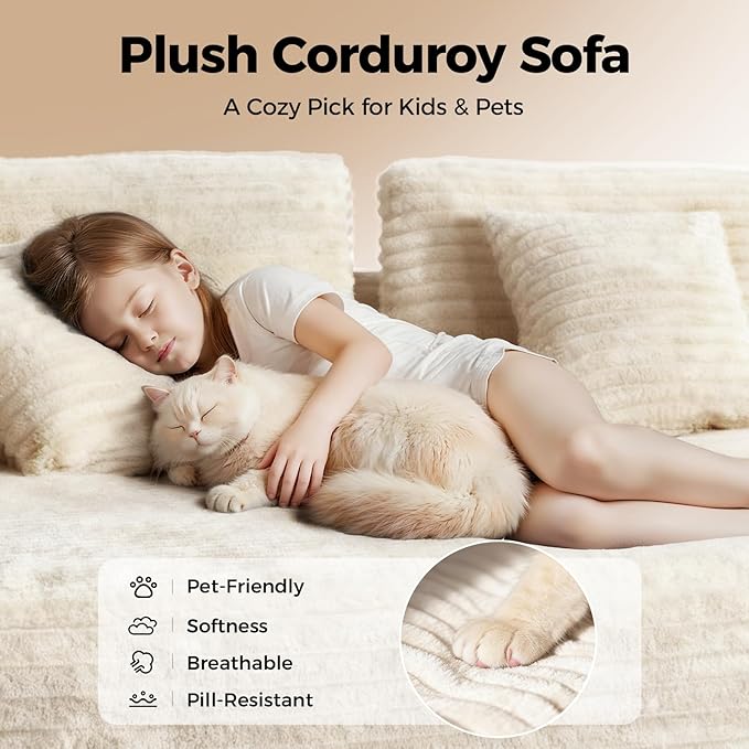 108” Cloud Sectional Couch in One Box, Compressed Modular Sectional Sofa with Deep Seat, Corduroy Boneless Couches, L-Shaped Sofa for Living Room, 4 Storage Pockets(Left Facing Chaise, Beige)