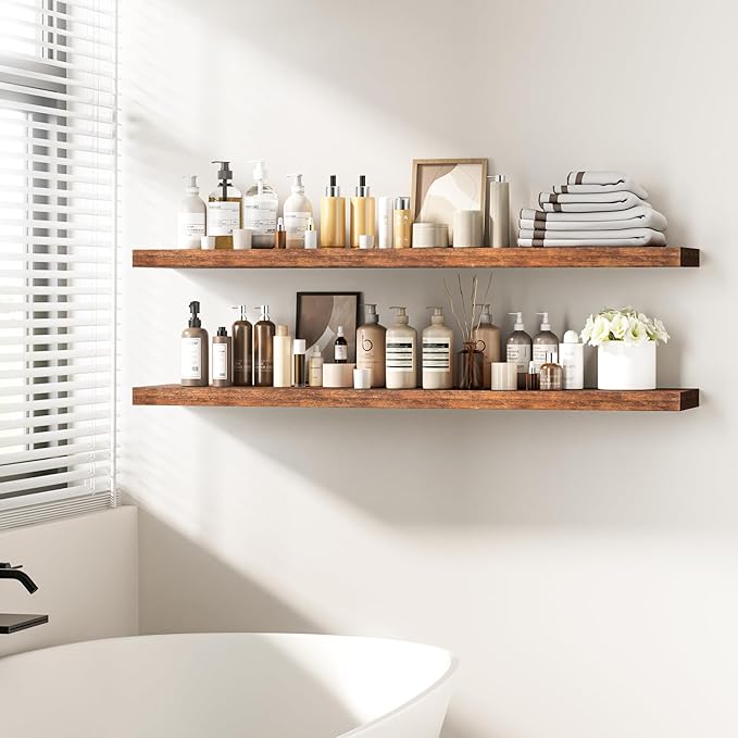 Fun Memories 55 Inch Floating Shelves - 12 Inch Deep Rustic Wooden Wall Shelves - Extra Deeper & Thicker Wall Mounted Storage Shelf for Living Room, Kitchen, Farmhouse - 55" W x 12" D x 1.8"H - Brown