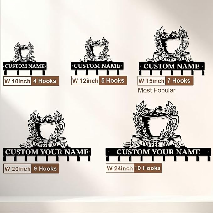 Coffee Bar Keys Holder - Metal Iron Wall Hooks with Custom Name | Personalized Home Decor & Gift Idea | Coffee-Themed Text Engraving Design (Style J)