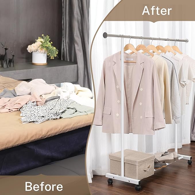 Clothes Rack, 130LB Capacity Heavy Duty Clothing Rack with Wheels and Bottom Shelf, 52.17 Inch Rolling Racks for Hanging Clothes, Coats, Shirts, Sweaters, Skirts, Dress, White