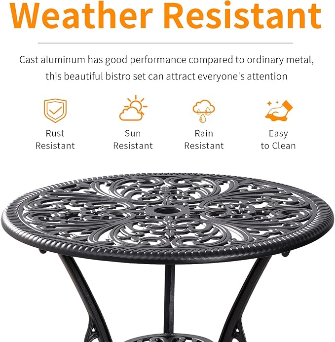 Outdoor Bistro Set 3 Piece Patio Bistro Set, Cast Aluminum Bistro Table and Chairs Set of 2, Small Patio Table Set for Porch, Black