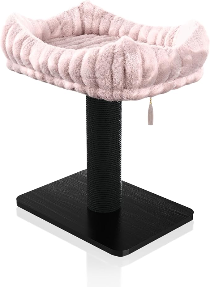 Modern Scratching Post for Indoor Cats - 15” High Cat Scratching Post with Bed Breeds - 15.7” x 11.6” Removable & Washable Cushion (Black Post with Pink Bed)