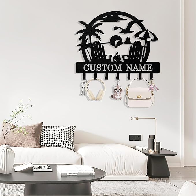 Personalized Beach Key Holder Wall Mount, Custom Metal Keys Hanger for Wall with Name, Custom Key Rack Holder with Hooks for Home, Entryway, Front Door, Living Room, Kitchen, Bathroom