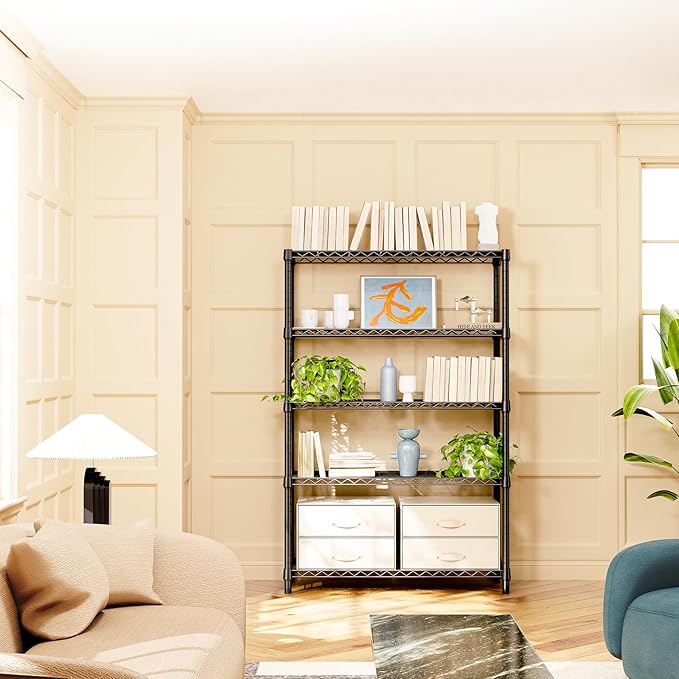 IZEUK 5-Tier Heavy Duty Metal Storage Shelving Unit (Black, 17.7" D x 47.2" W x 72.3" H, 1750 lbs Capacity), Adjustable Steel Wire Rack Shelf Organizer for Garage, Kitchen, Basement, Laundry, Office