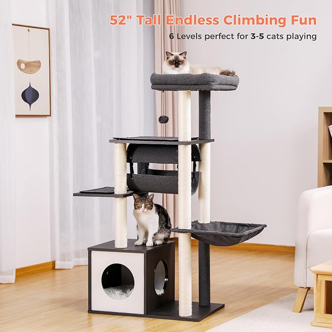 52" Modern Cat Tree for Large Cats, Wooden Cat Tower with Fully Sisal Covered Scratching Posts, Luxury Cat Furniture with Spacious Perch, Super Large Hammock, Cozy Condo and Swing Tunnel Black