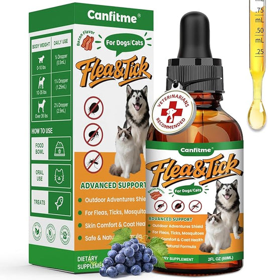 Natural Oral Flea and Tick Support for Dogs and Cats, Herbal Liquid with Multivitamins-All Breeds and Ages-Supports Immunity, Skin & Coat Support-Bacon Flavor