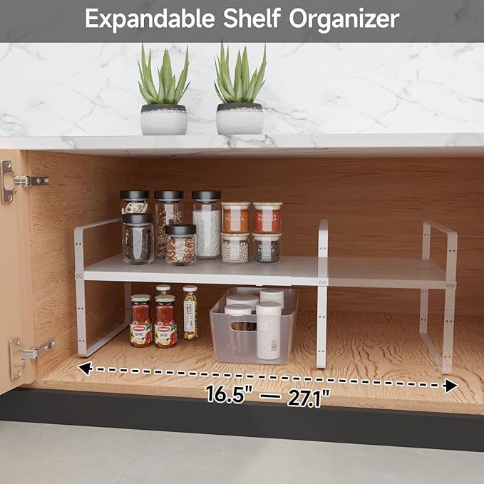 16.5-27’’L Expandable Stackable Cabinet Shelves, Adjustable Spice Rack Cabinet Shelf Organizer for Kitchen, Countertop, Pantry and Cupboard, White