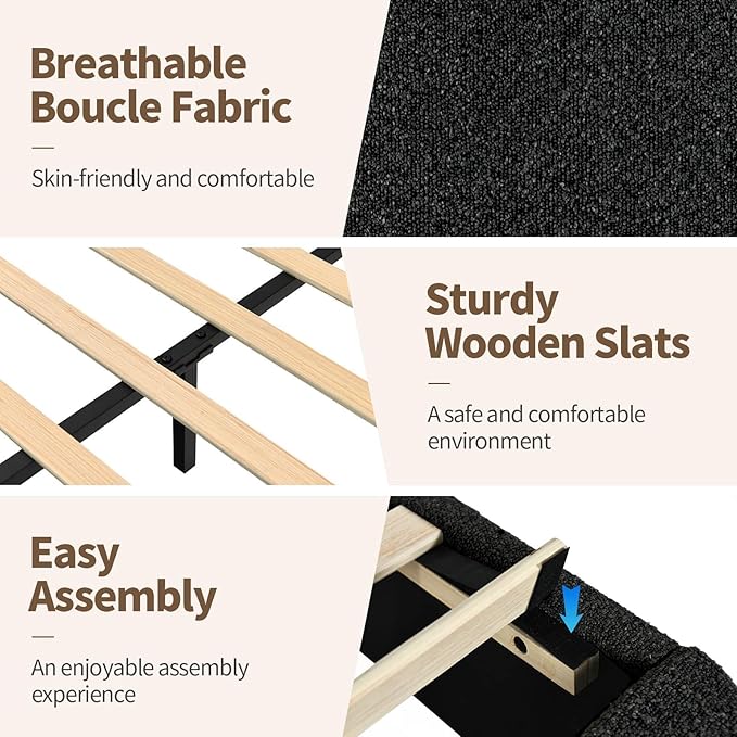 BarnFurin Twin Size Bed Frame, Boucle Upholstered Platform Bed Frame with Headboard, Modern Style, Soft Rounded Corners, No Box Spring Required, Easy Assembly, Black