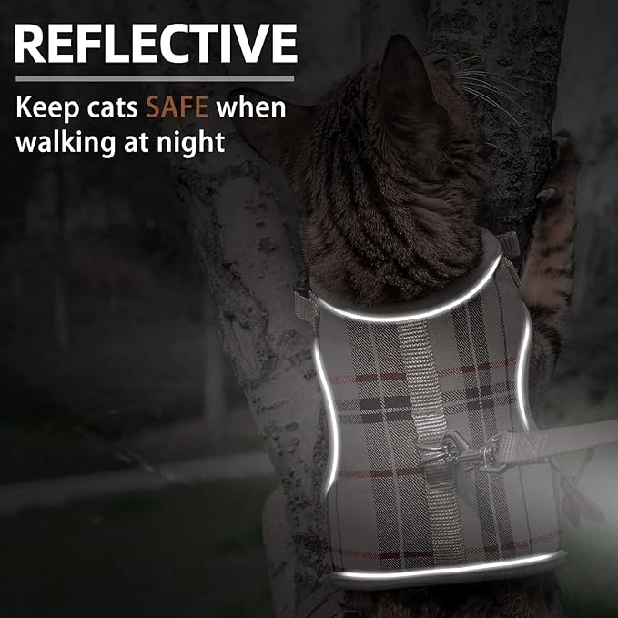 PUPTECK Soft Mesh Cat Vest Harness and Leash Set Puppy Padded Pet Harnesses Escape Proof for Cats Small Dogs Rabbits Bunny, Plaid Beige, XL