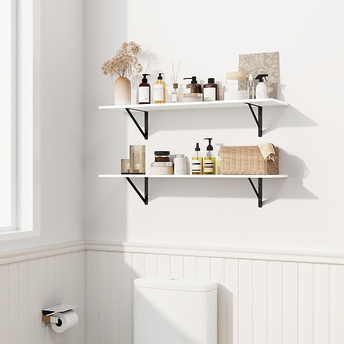 Fun Memories Deep Floating Shelves for Wall, 16W x 8D Wall Mounted Shelves Set of 2, Wide Display Ledge Shelf with Sturdy Metal Brackets for Living Room, Bathroom, Bedroom and Kitchen, White