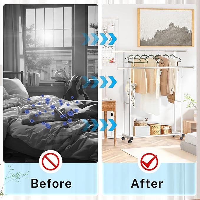 Double Clothing Rack, 55.51 Inch Garment Rack with Wheels and Bottom Shelf, 130LB Capacity Heavy Duty Rolling Clothes Racks for Hanging Clothes, Coats, Shirts, Sweaters, Skirts, White