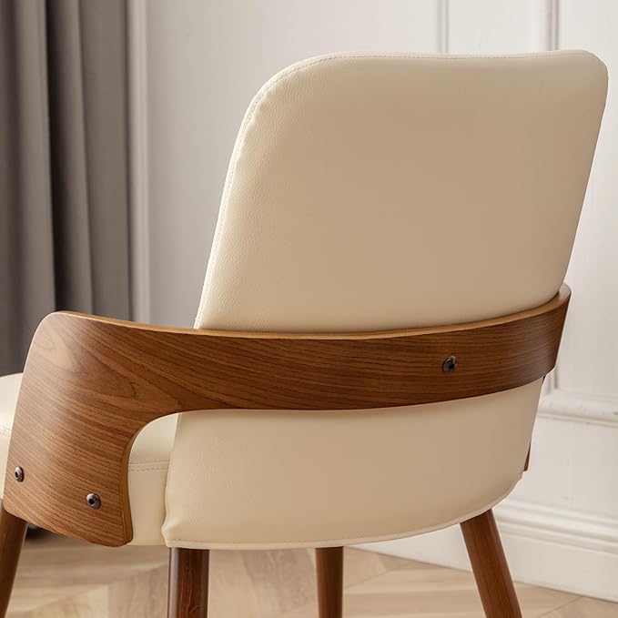 Dining Room Chairs Set of 4,Mid Century Modern Kitchen Chair,Upholstered Faux Leather Accent Chairs,Metal Legs Wooden Desk Chair,Armless and No Wheels for Kitchen Dining,Beige PU