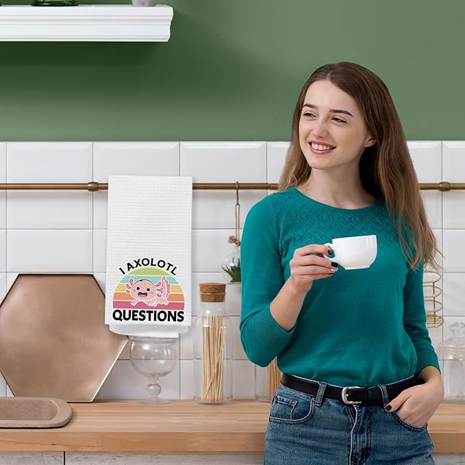 Axolotl Lover Gifts Bathroom Hand Towels, Kids Bathroom Decor, Funny Retro Rainbow Pink Axolotl Kitchen Towels, Animal Lover Gifts Dish Tea Towel, 16x24 Inch