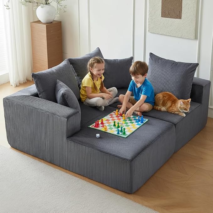 Boneless Couch, 101" Corduroy Couch with Deep Seat, Modular Sectional Sofa in a Box, Memory Foam Compressed Sofa for Living Room (Grey)