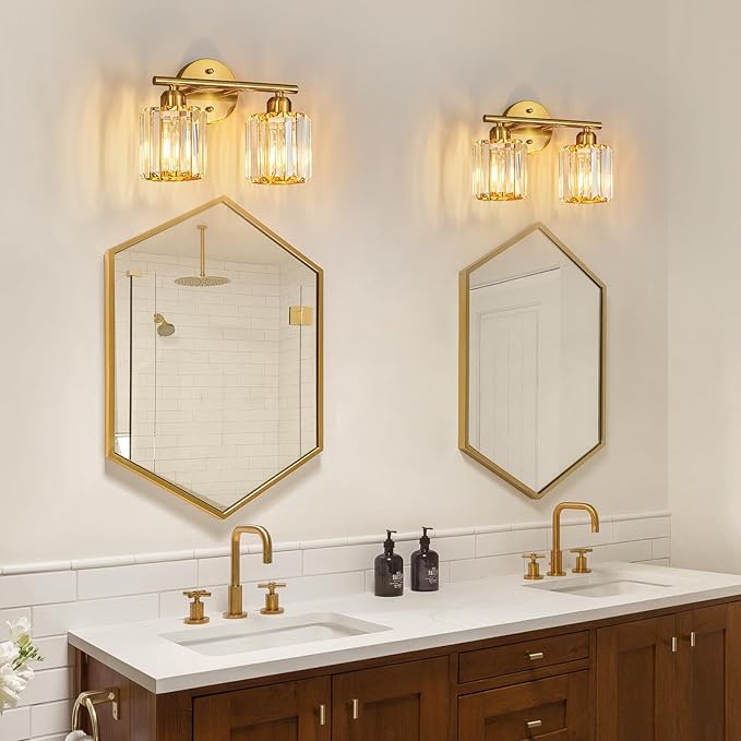 Modern 2 Light Crystal Vanity Light, Brushed Gold Vertical Bathroom Light Fixture Over Mirror for Dressing Table Sink, Compatible with Dimmable Bulbs (Bulbs Not Included)