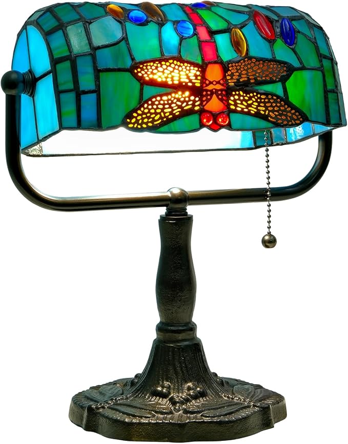 Vintage Tiffany Style Bankers Lamp - Stained Glass Desk Lamp with Pull Chain, Dragonfly Design Table or Desks Light LED Bulb Included, Bankers Desk Lamps for Office Living Room Study Room