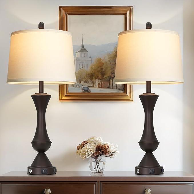 29" BrownTall Table Lamps for Living Room, Touch Control Bedroom Lamp with USB A+C Ports, 3-Way Dimmable Bedside Table Lamps Set of 2, Modern Metal Lamp for Nightstand