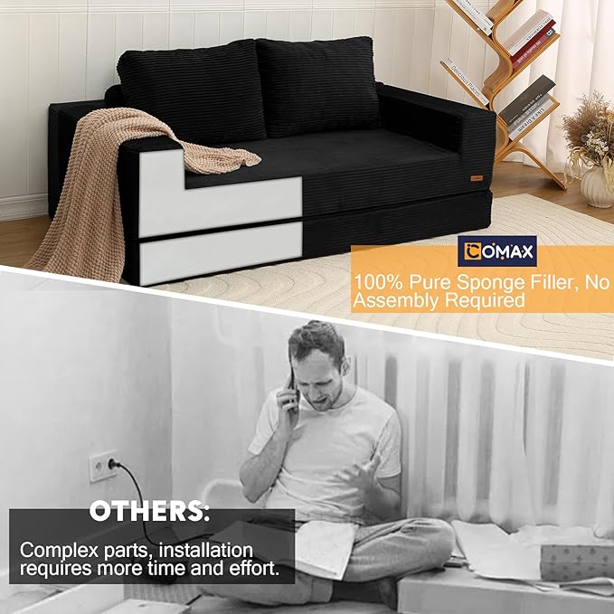 COMAX Convertible Sofa Bed Queen, Corduroy Folding Floor Couch Pull Out Couch Bed Futon Sleeper with Pillows, Fold Out Boneless Sofa Comfy Lounge Mattress Loveseat for Living Room Bedroom, Black