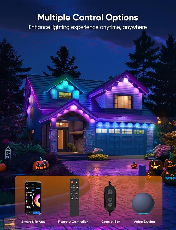 APPECK Permanent Outdoor Lights Pro 150ft, 108W RGBCW Eaves Light with 108 LED Lights, 80lm, Cuttable, 111 Scene Modes, IP67 Waterproof Lighting for Christmas Decoration, Work with Alexa, Black