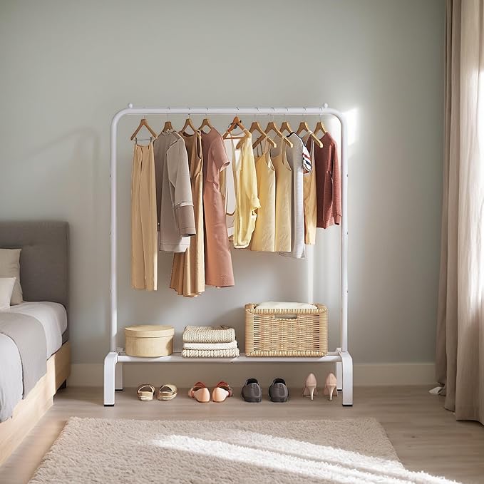 JIUYOTREE Standard Clothes Clothing Garment Rack with Storage Shelves Clothes Organizer for Hanging Clothes Coat Jacket Shirt Sweater Jeans White